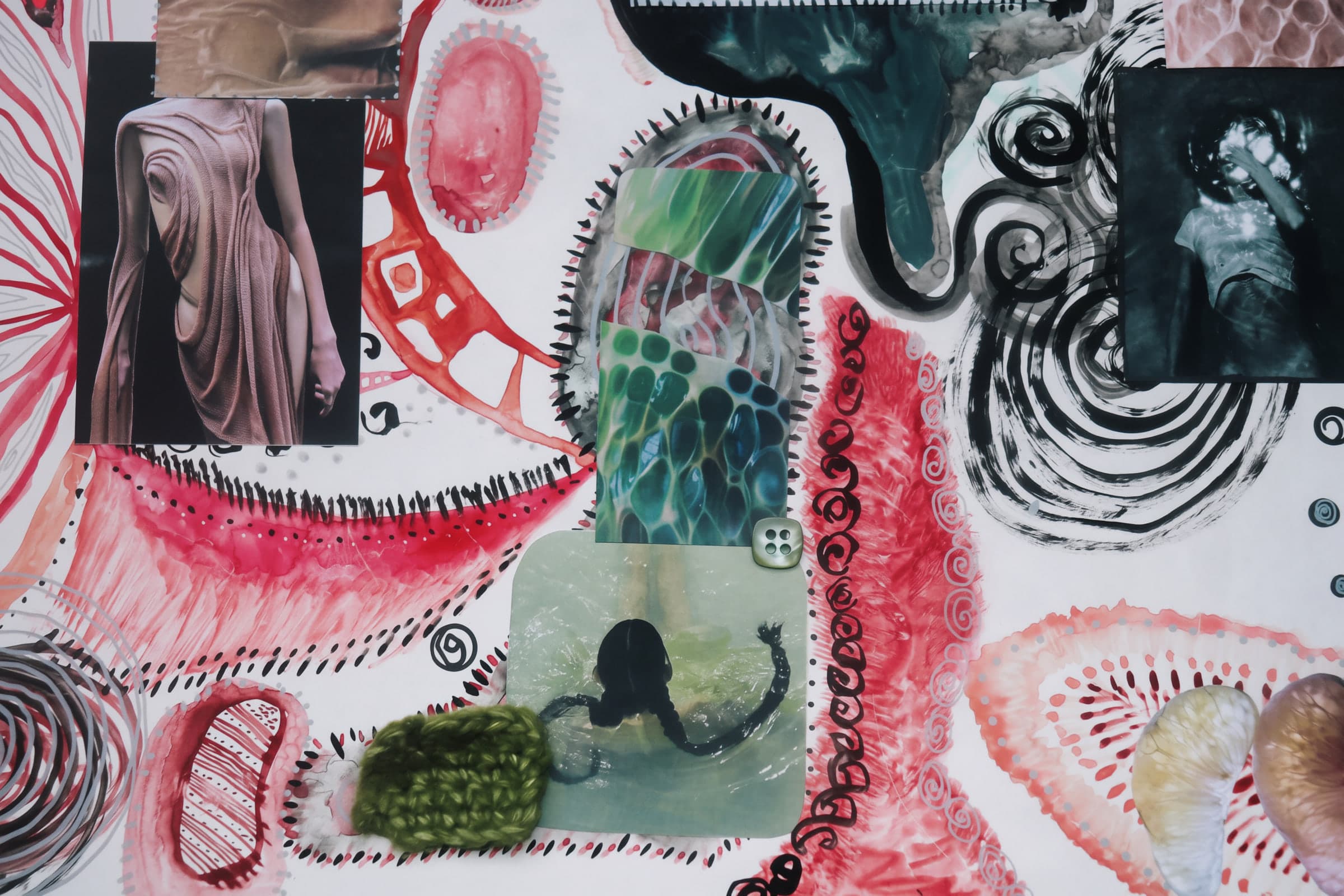 Reference board with cut-outs, textures and organic shapes in red, pink and green.