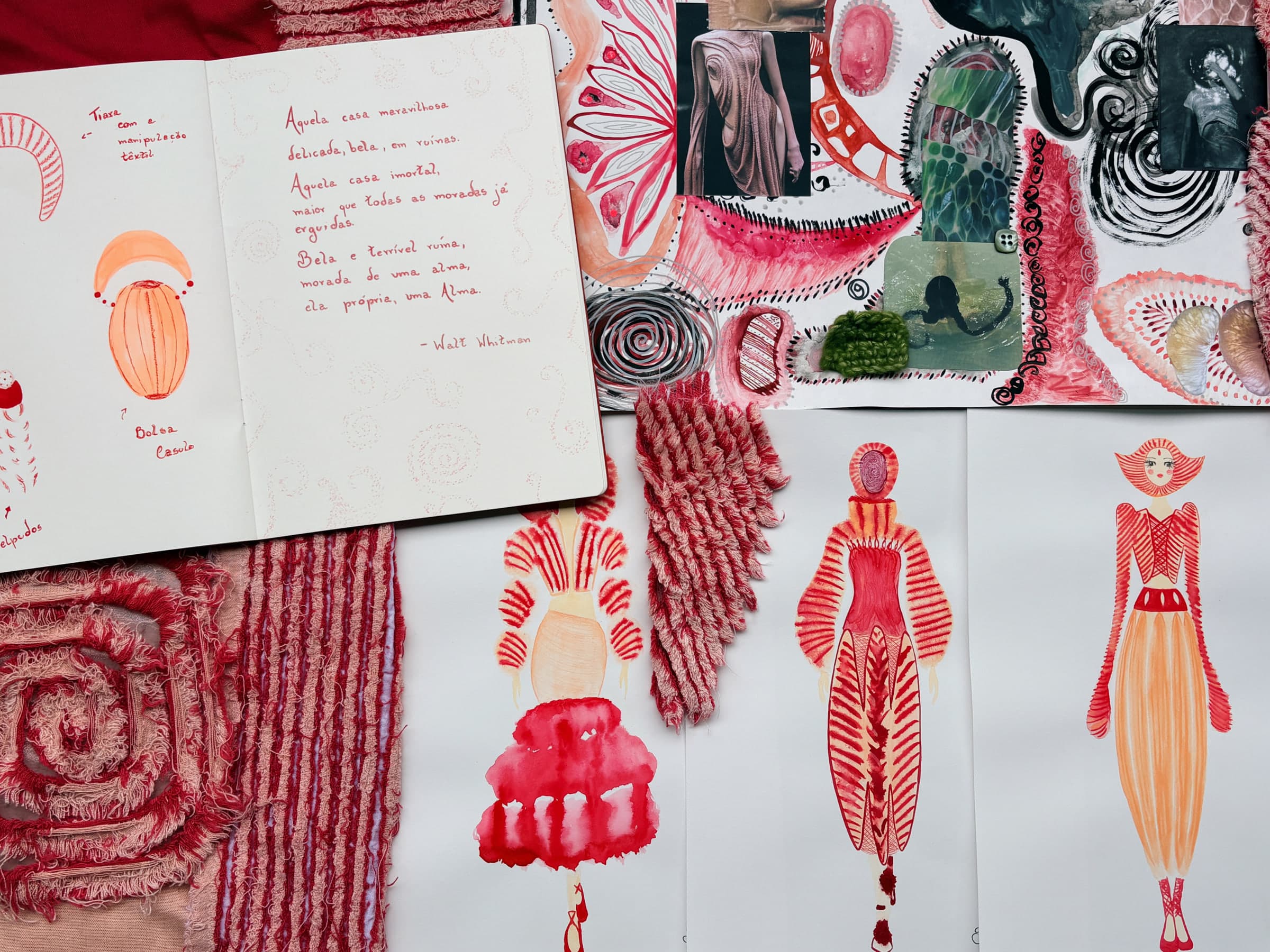 Sketches, visual references and a page of notes gathered on one board.